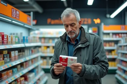Homme examinant le prix d'un paquet de cigarettes Winston dans une station-service allemande sur l'Autoroute