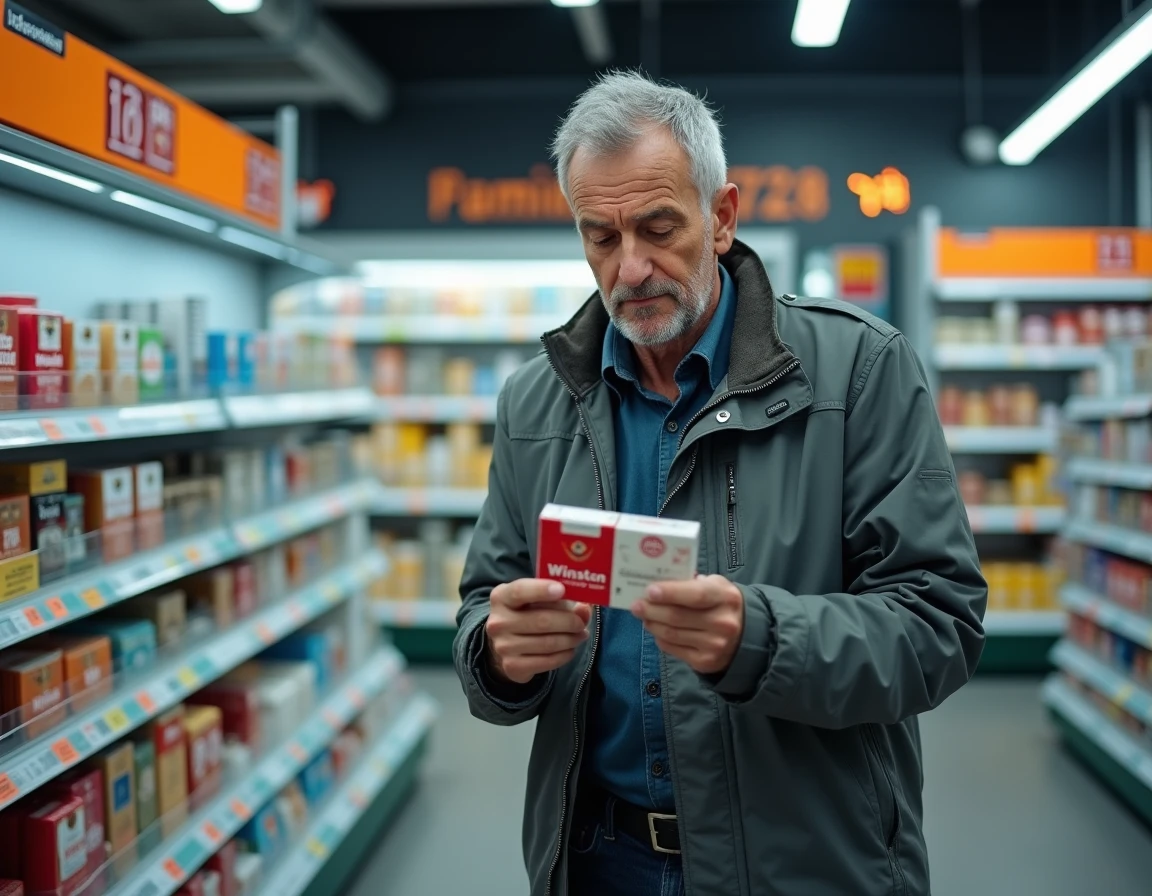 Homme examinant le prix d'un paquet de cigarettes Winston dans une station-service allemande sur l'Autoroute