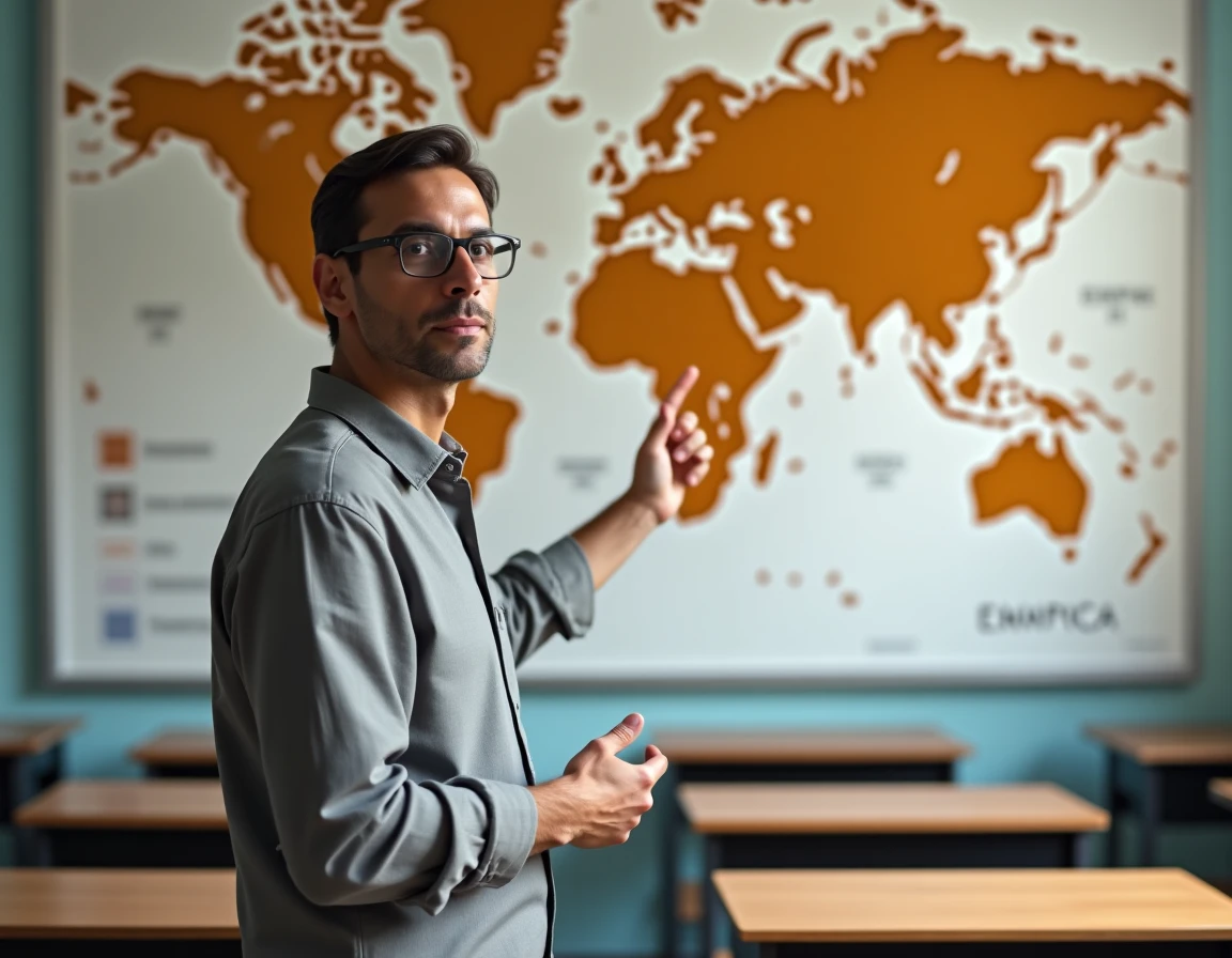 Professeur hispanophone désignant une carte murale des pays hispanophones dans une salle de cours universitaire