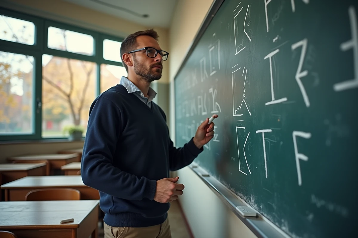 Professeur devant un tableau avec les noms des pays commençant par F écrits à la craie dans une salle de classe
