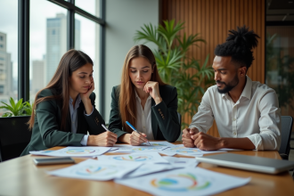 Groupe de jeunes professionnels analysant des rapports ESG