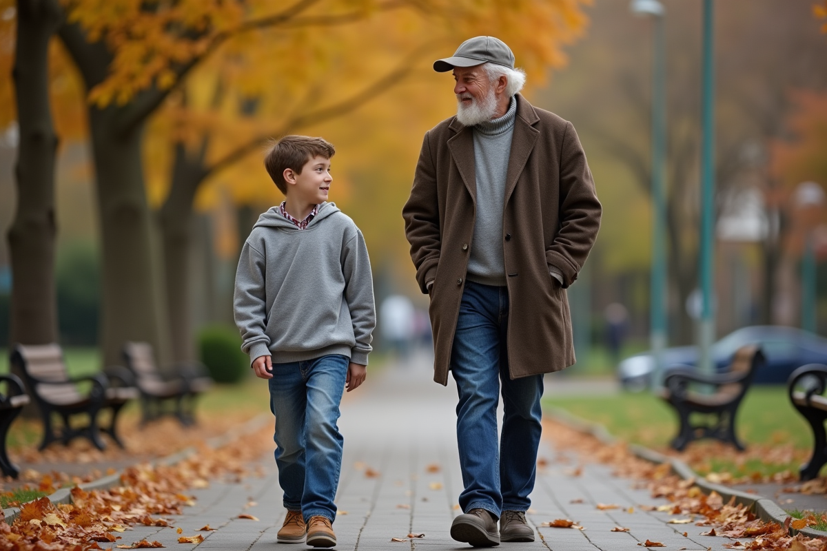 Un adolescent et son grand-pere se promènent dans un parc