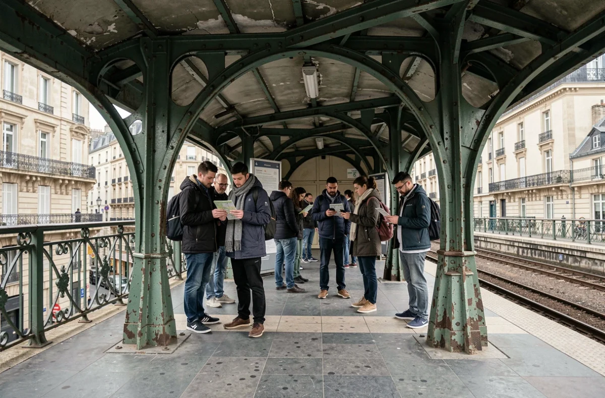 Quai de la ligne 6 du métro parisien en viaduc avec des voyageurs attendant le train, vue large sur le paysage haussmannien