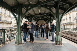 Quai de la ligne 6 du métro parisien en viaduc avec des voyageurs attendant le train, vue large sur le paysage haussmannien