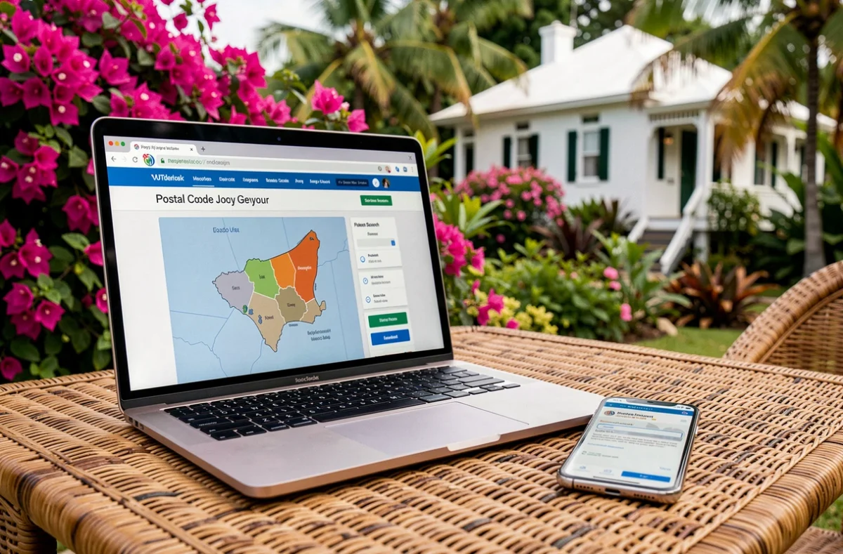 Ordinateur portable et smartphone affichant un site de recherche de codes postaux officiels de Maurice sur une terrasse tropicale