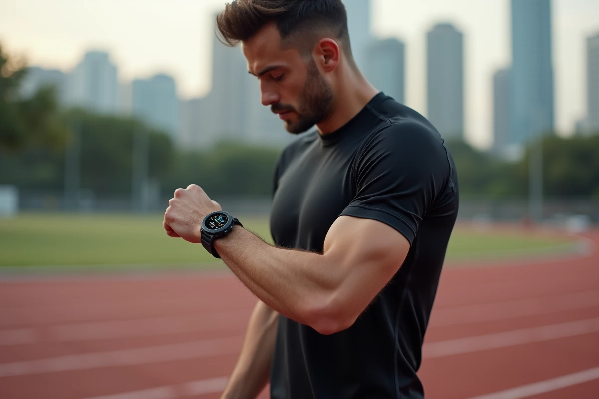 Coureur ajustant les paramètres de vitesse mph et km/h sur une montre GPS de sport au bord d'une piste d'athlétisme