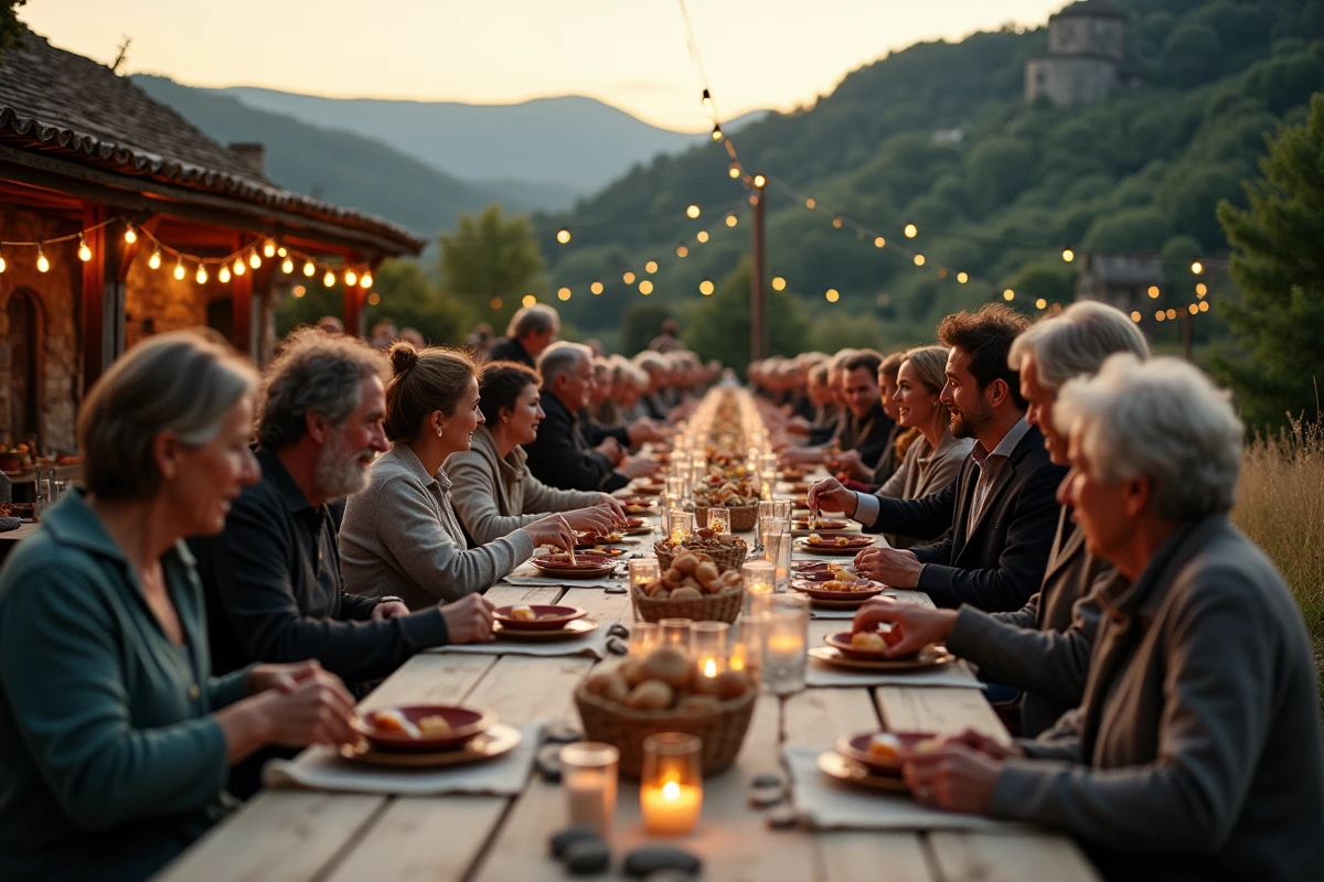 Repas communautaire lors d'une fête de village en Aveyron au crépuscule, familles attablées autour de l'aligot traditionnel avec le paysage du Causse en arrière-plan