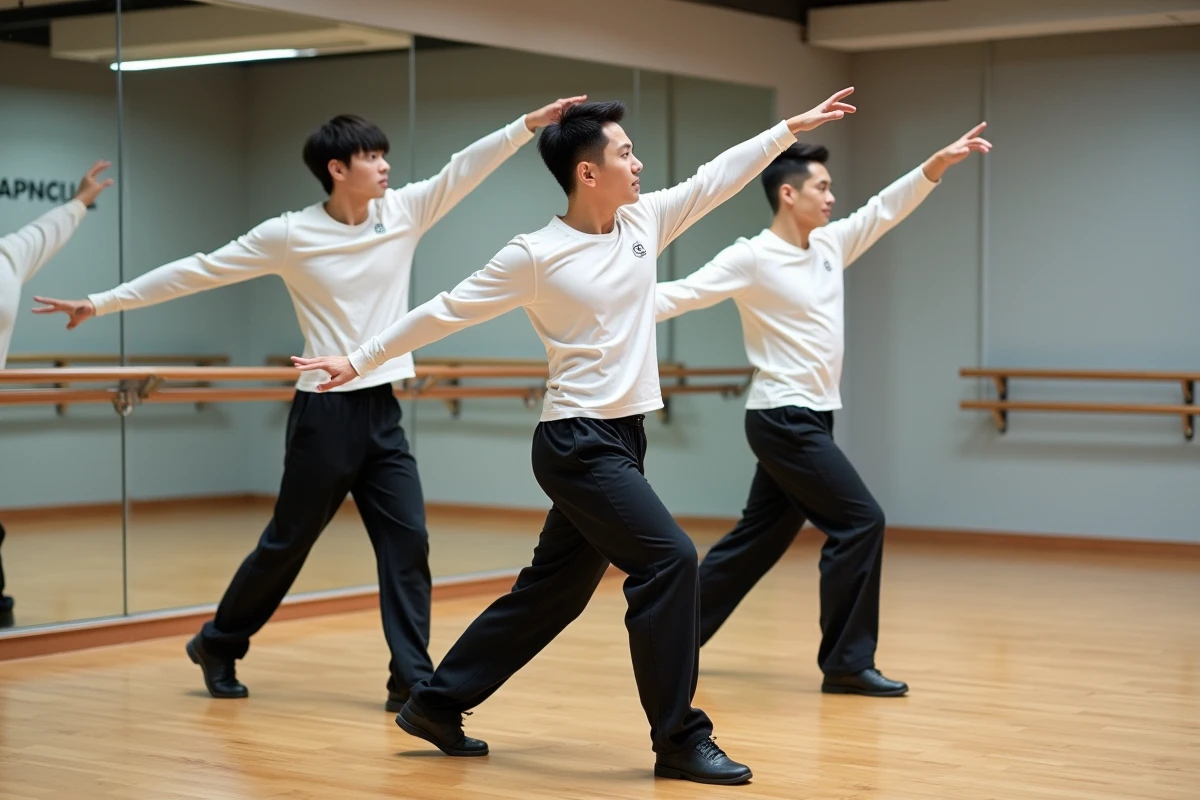 Les trois membres du groupe K-pop 3piece en pleine répétition chorégraphique dans un studio de danse avec miroirs et parquet
