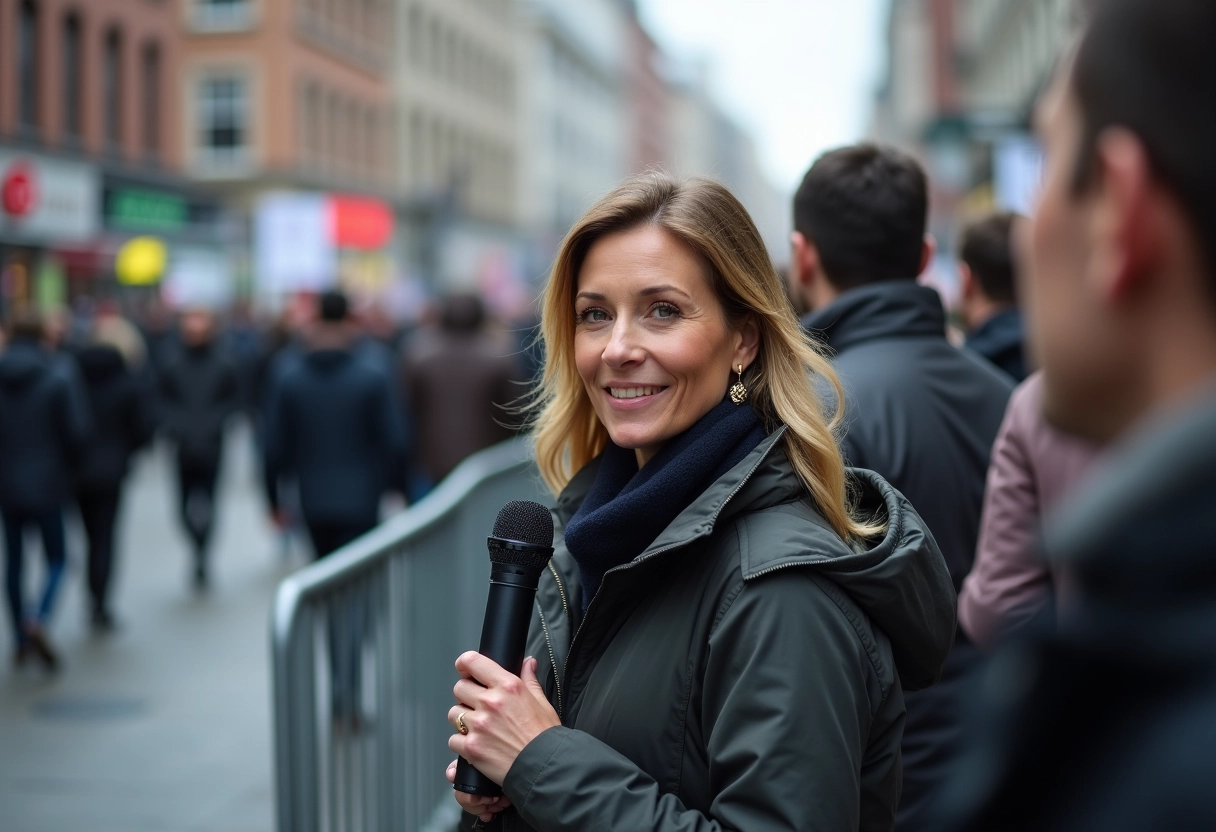 Femme reporter avec micro devant barricade en extérieur