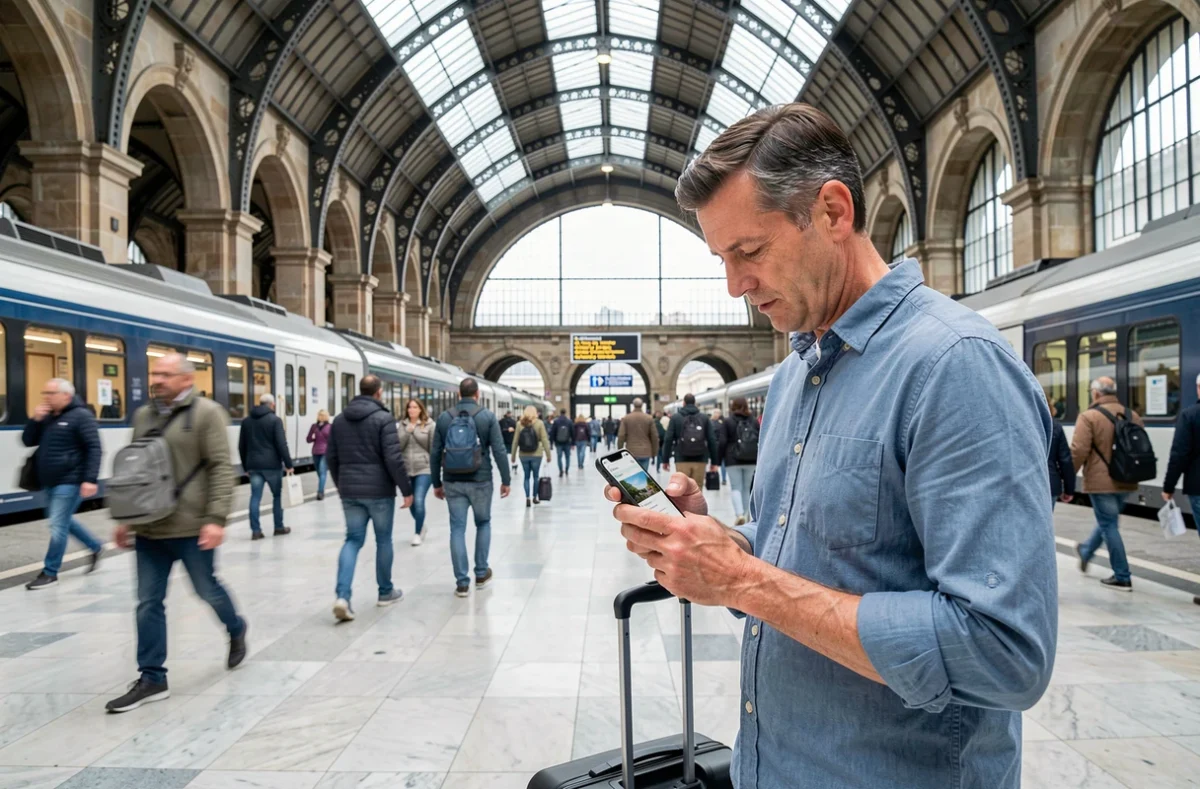 Voyageur consultant son téléphone pour réserver des billets de train pendant les jours fériés dans une gare européenne