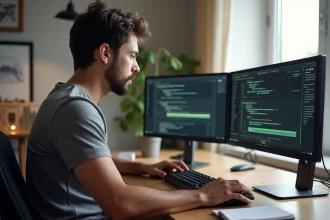Homme en train de résoudre des problèmes techniques sur un logiciel dans un bureau moderne à domicile