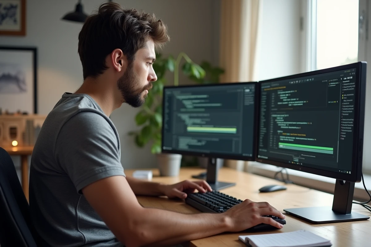 Homme en train de résoudre des problèmes techniques sur un logiciel dans un bureau moderne à domicile
