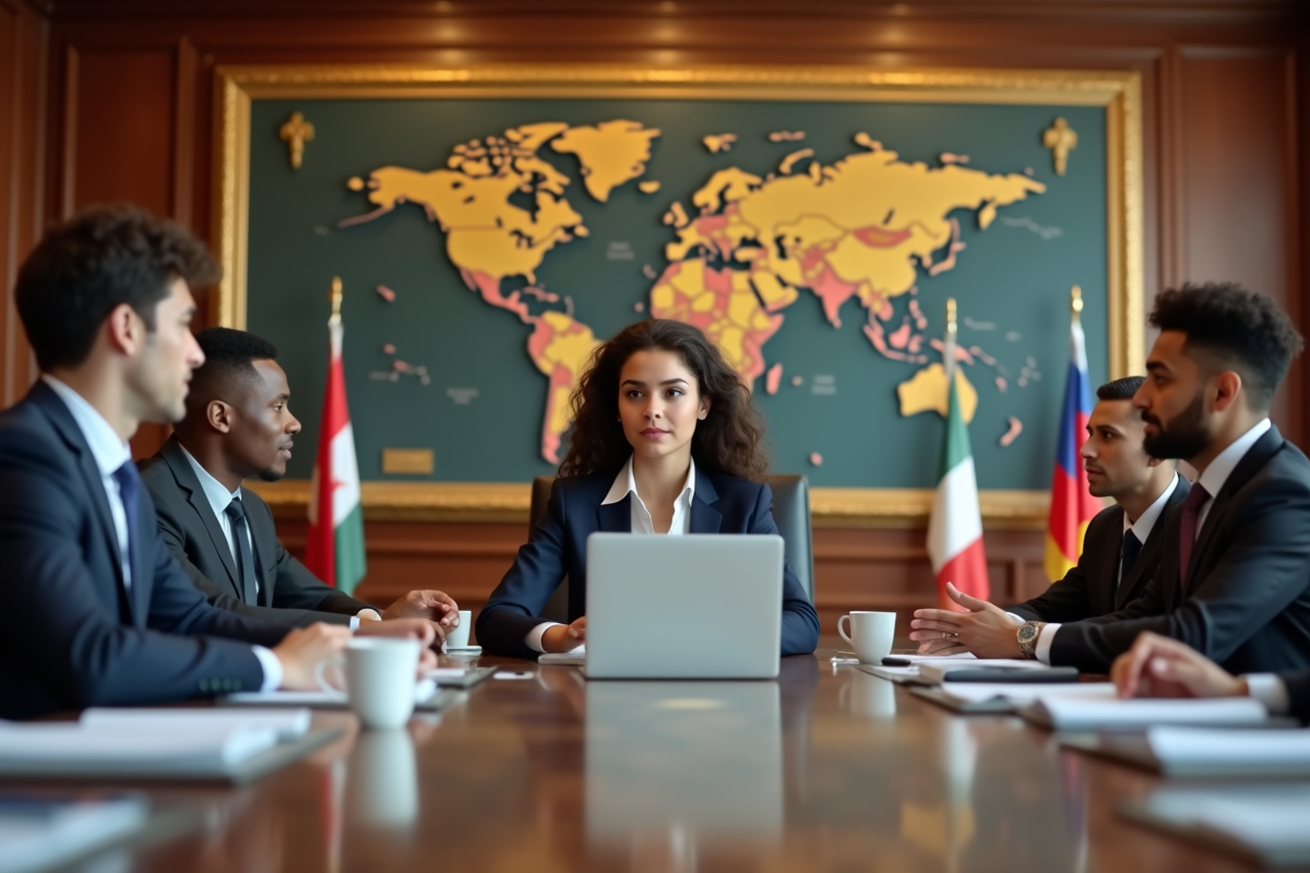 Jeune femme en réunion dans une salle de banque internationale