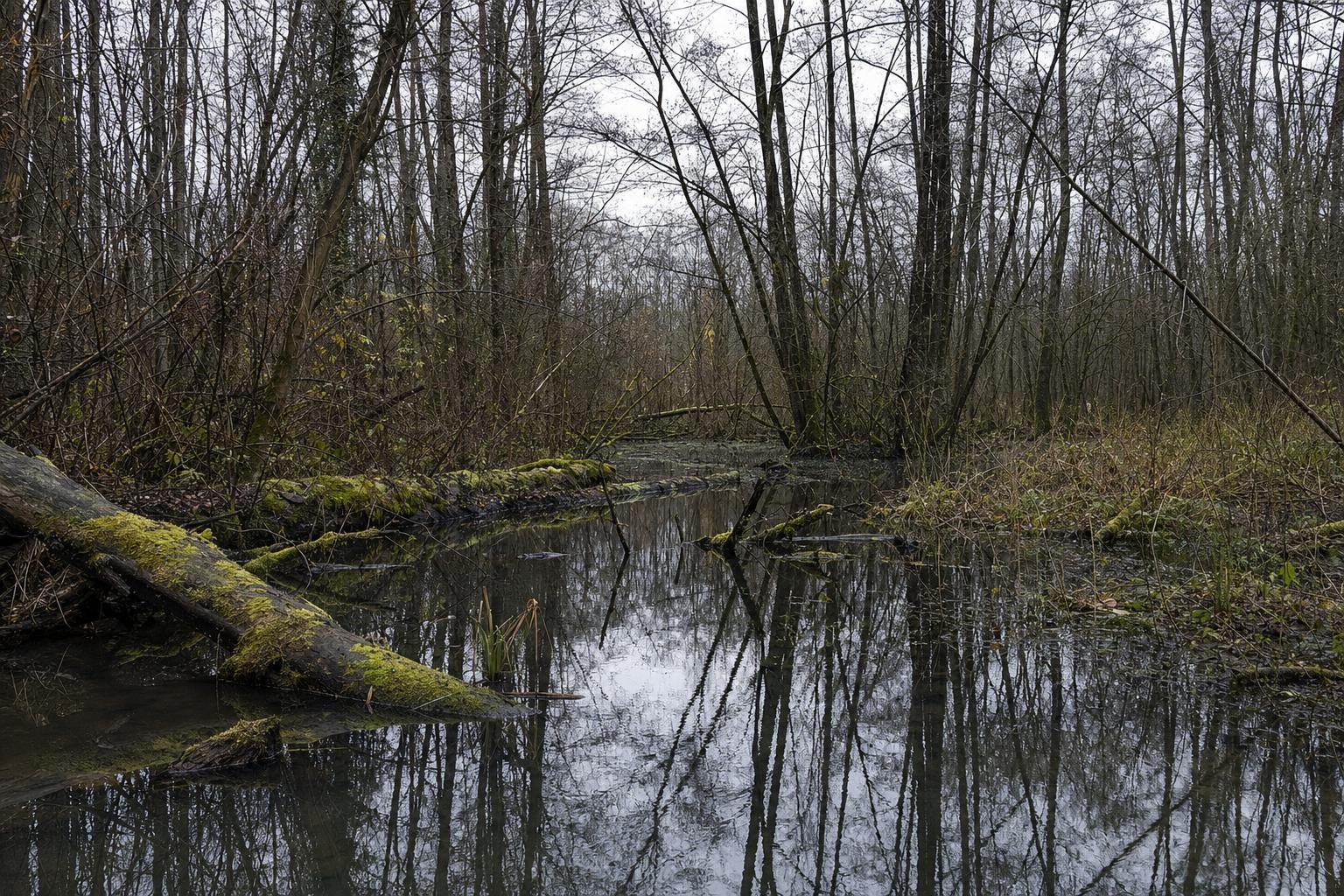 Un bras d’eau sombre dans une forêt alluviale du Rhin en fin d’automne, avec des peupliers et des saules dénudés et un tronc moussu couché dans l’eau