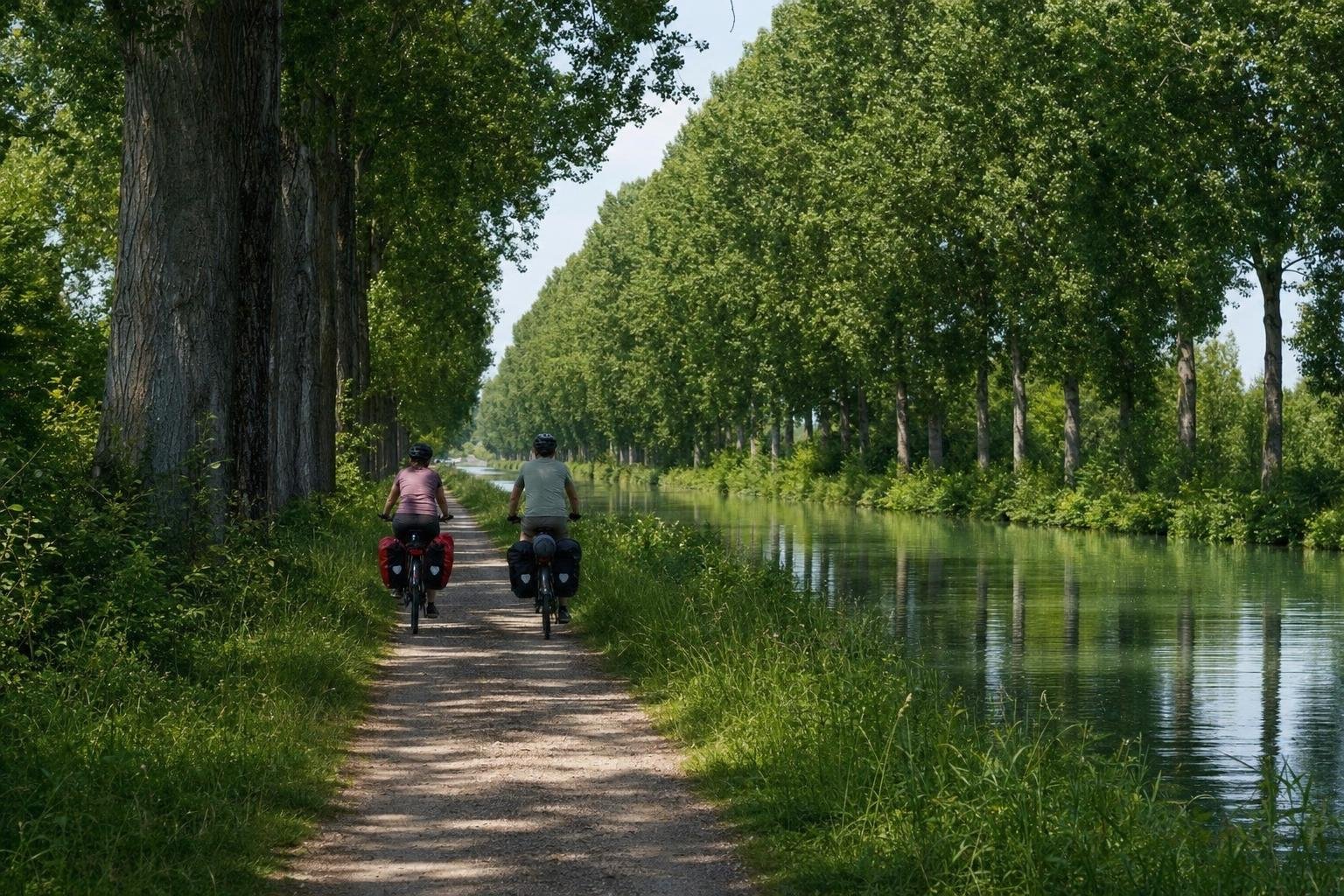 Deux cyclistes chargés de sacoches sur un chemin de halage en gravier, le long d’un canal bordé de grands peupliers