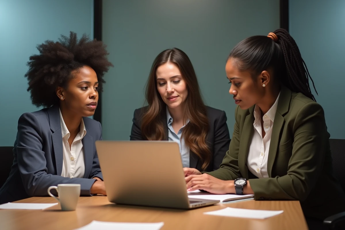 Groupe de collègues consultant ensemble le site de signalement des discriminations sur un ordinateur portable en salle de réunion