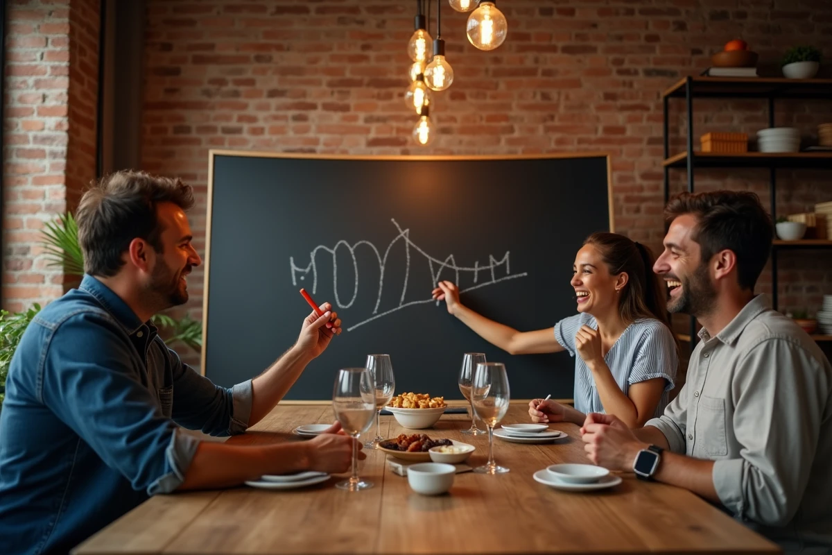 Groupe d'amis jouant au pendu avec des mots savants lors d'une soirée jeux conviviale