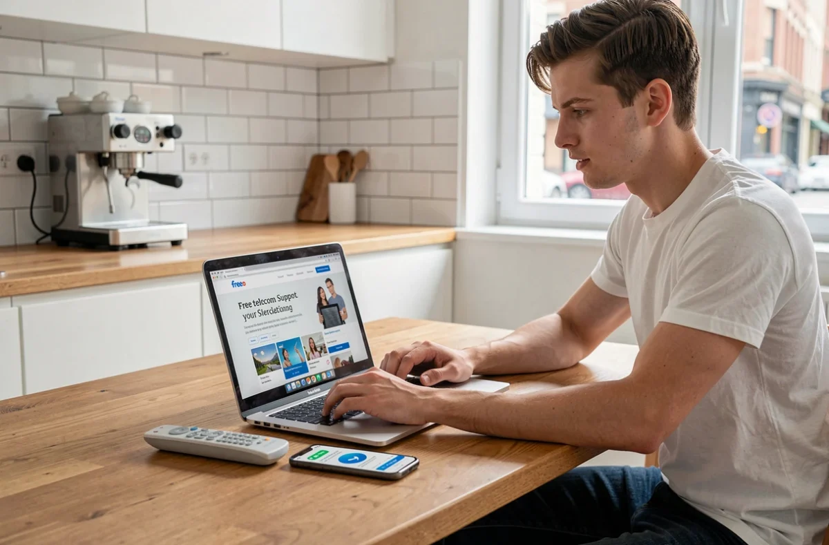 Un jeune homme recherche des solutions sur le site Free avec sa télécommande Freebox démontée sur la table de cuisine