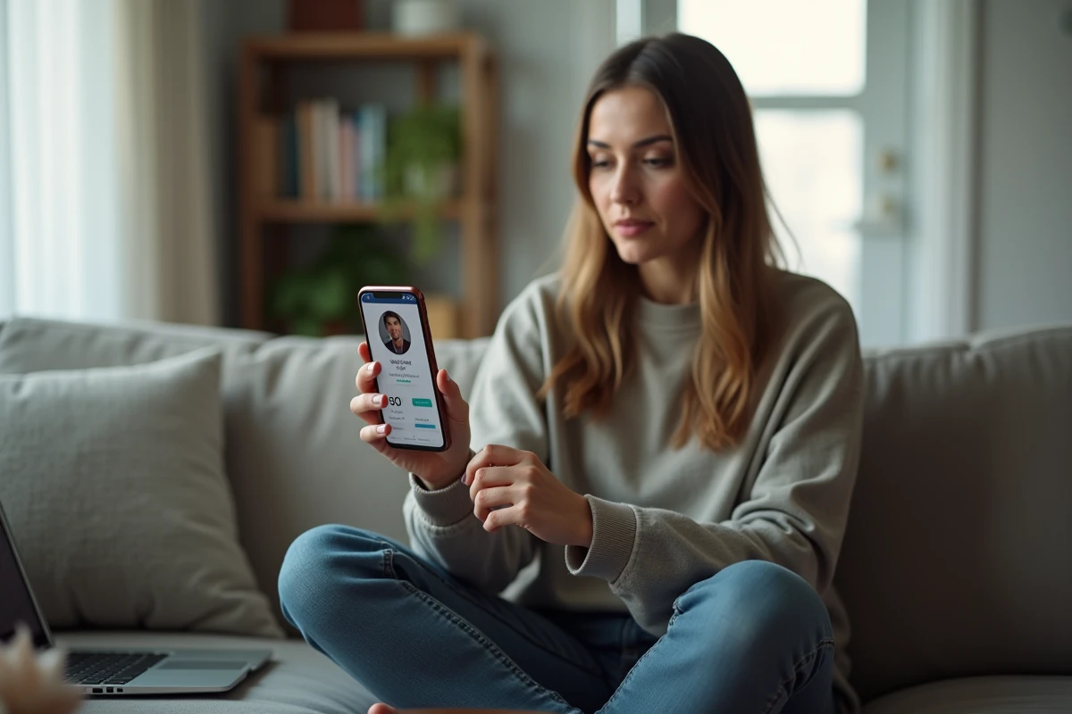 Femme consultant ses statistiques de temps de jeu sur smartphone avec expression de surprise, illustration temps passé sur LoL
