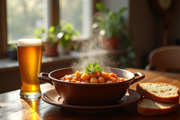 Table rustique avec bol de carbonade flamande et bière
