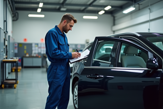 Technicien automobile en atelier inspectant un véhicule