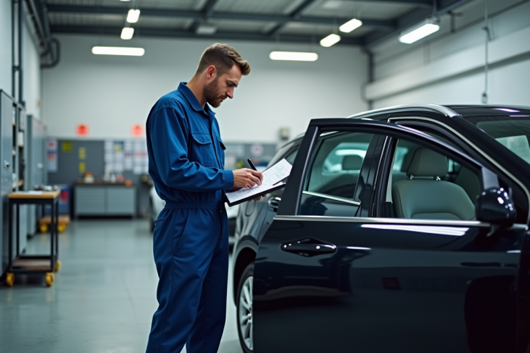 Technicien automobile en atelier inspectant un véhicule