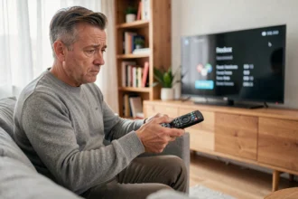 Un homme d'âge moyen examine sa télécommande Freebox qui ne fonctionne plus, assis dans un salon moderne