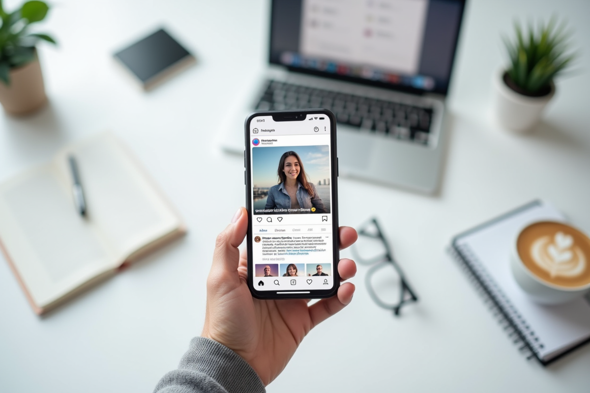Smartphone affichant un profil sur un bureau lumineux