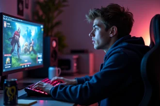Jeune homme gamer réalisant le temps passé sur League of Legends devant son écran avec statistiques de jeu affichées