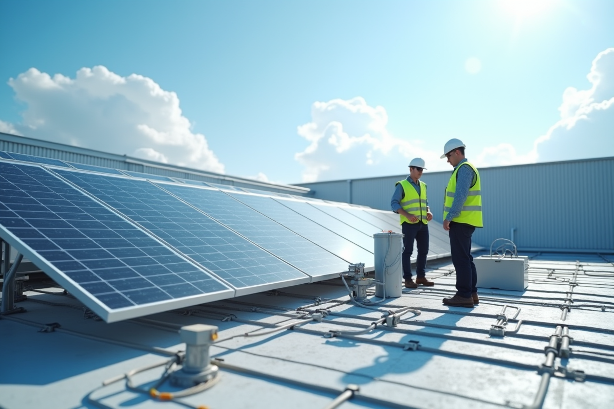 Toit industriel avec panneaux solaires et batteries