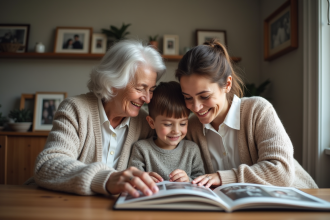 Trois générations de famille partageant un album photo dans un salon chaleureux
