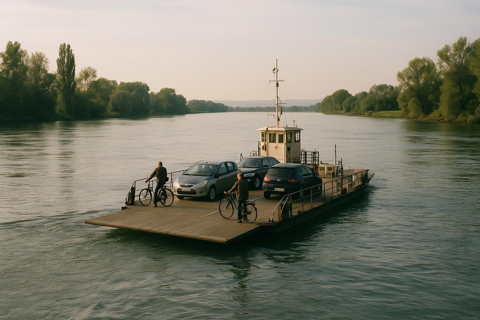 Un bac fluvial qui traverse un large fleuve avec des voitures et des cyclistes à bord