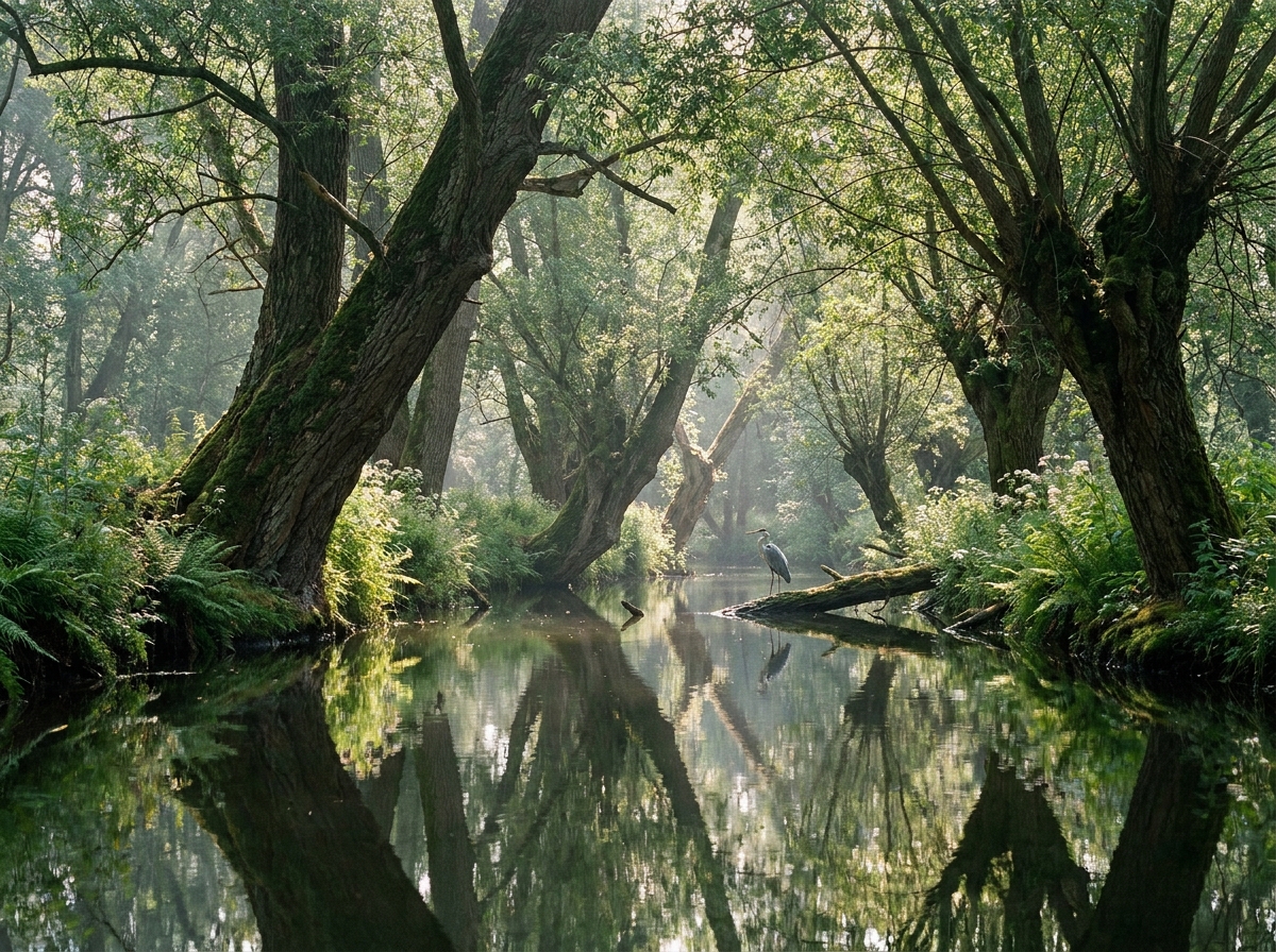 Une forêt alluviale au bord d’un bras d’eau calme, avec des saules et des peupliers noirs