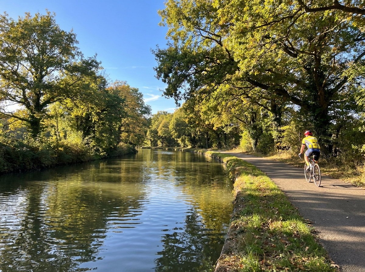 Une piste cyclable sur un chemin de halage le long d’un canal bordé d’arbres