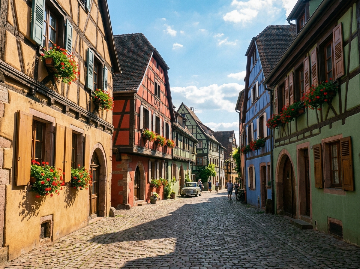 Une rue de village alsacien bordée de maisons à colombages, avec des géraniums aux fenêtres