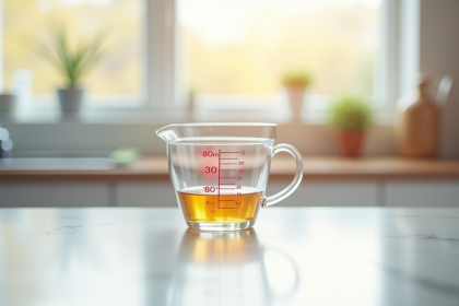 Verre mesureur de cuisine rempli à 80 ml sous lumière naturelle