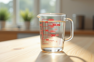 Verre mesure liquide sur plan de cuisine lumineux