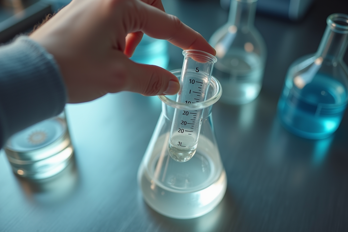Main versant 80 ml de liquide dans un bécher avec cylindre gradué