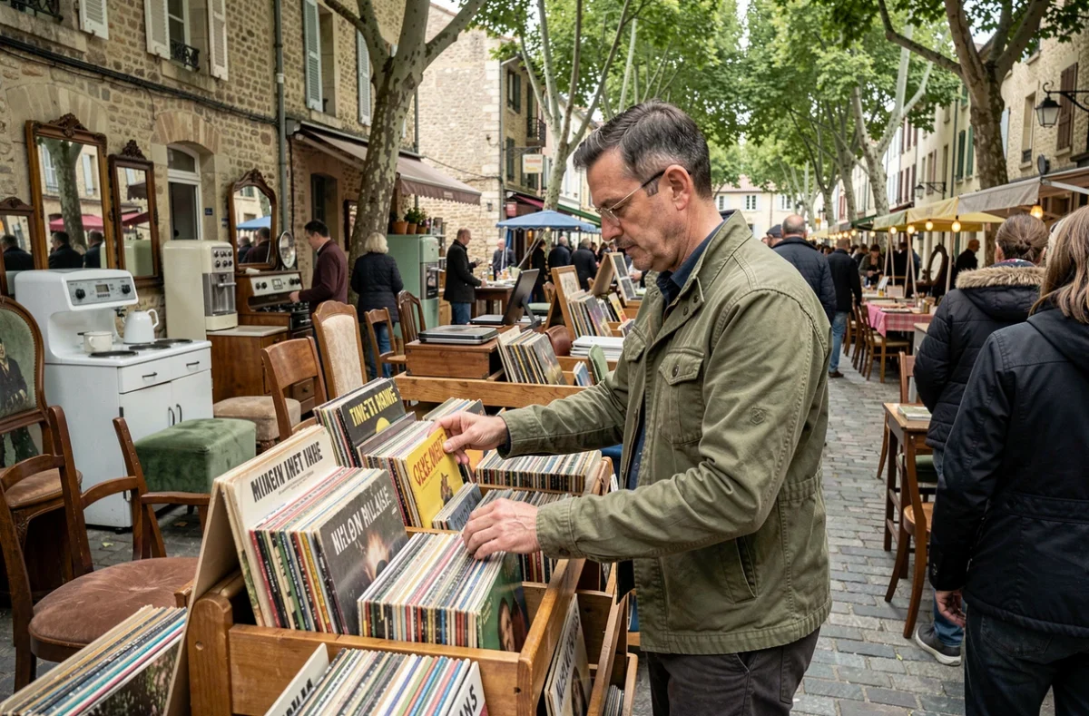 Homme fouillant des vinyles anciens dans un vide grenier en plein air dans l'Orne