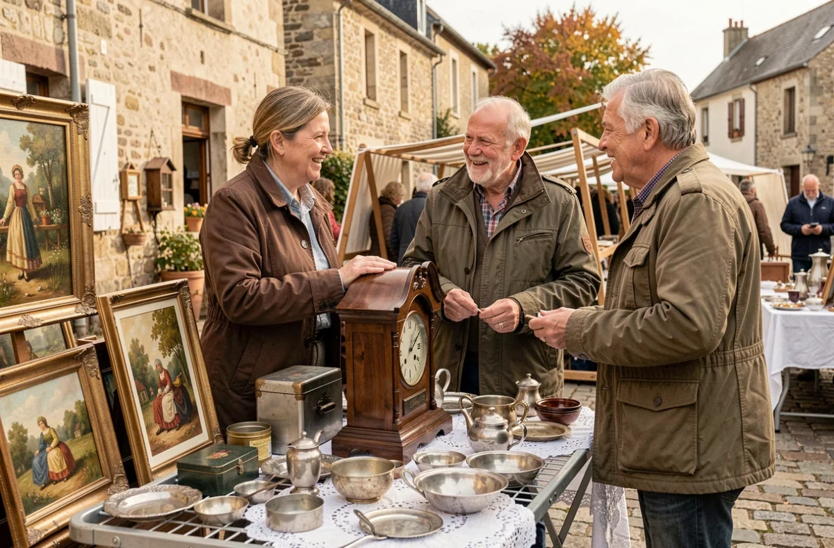 Couple négociant l'achat d'une horloge ancienne avec un vendeur lors d'un vide grenier dans l'Orne