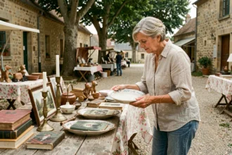 Femme chinant de la vaisselle ancienne dans un vide grenier de l'Orne en Normandie