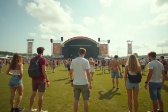 Vue large d'un festival de musique en plein air en Bretagne avec peu de festivaliers en début de journée, ambiance détendue et espace dégagé devant la scène principale