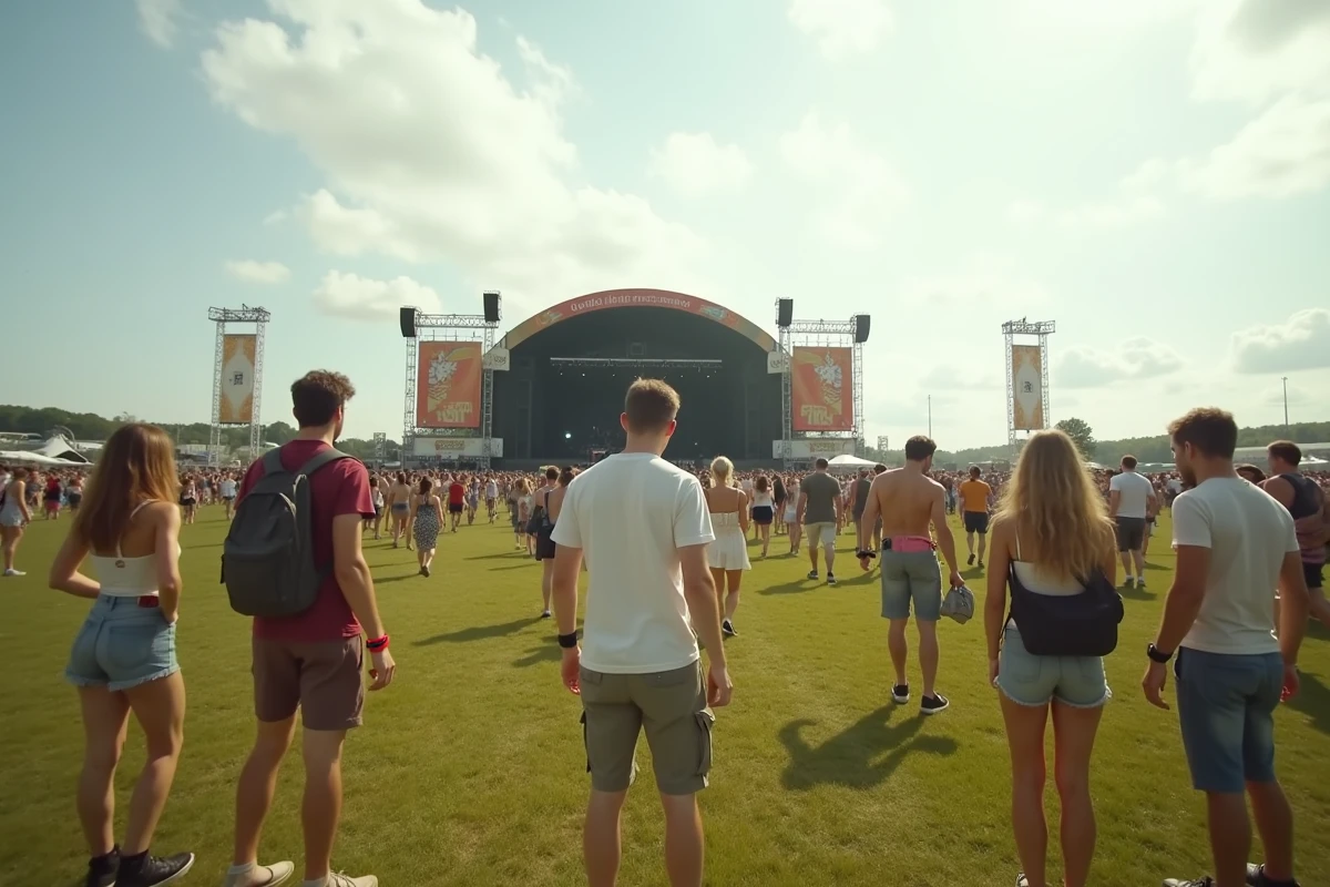 Vue large d'un festival de musique en plein air en Bretagne avec peu de festivaliers en début de journée, ambiance détendue et espace dégagé devant la scène principale