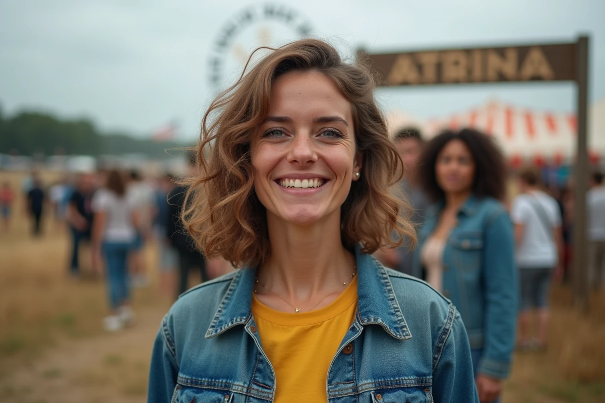 Portrait d'une festivalière souriante dans une file d'attente courte à l'entrée des Vieilles Charrues, illustrant les créneaux sans foule pour bien préparer son festival
