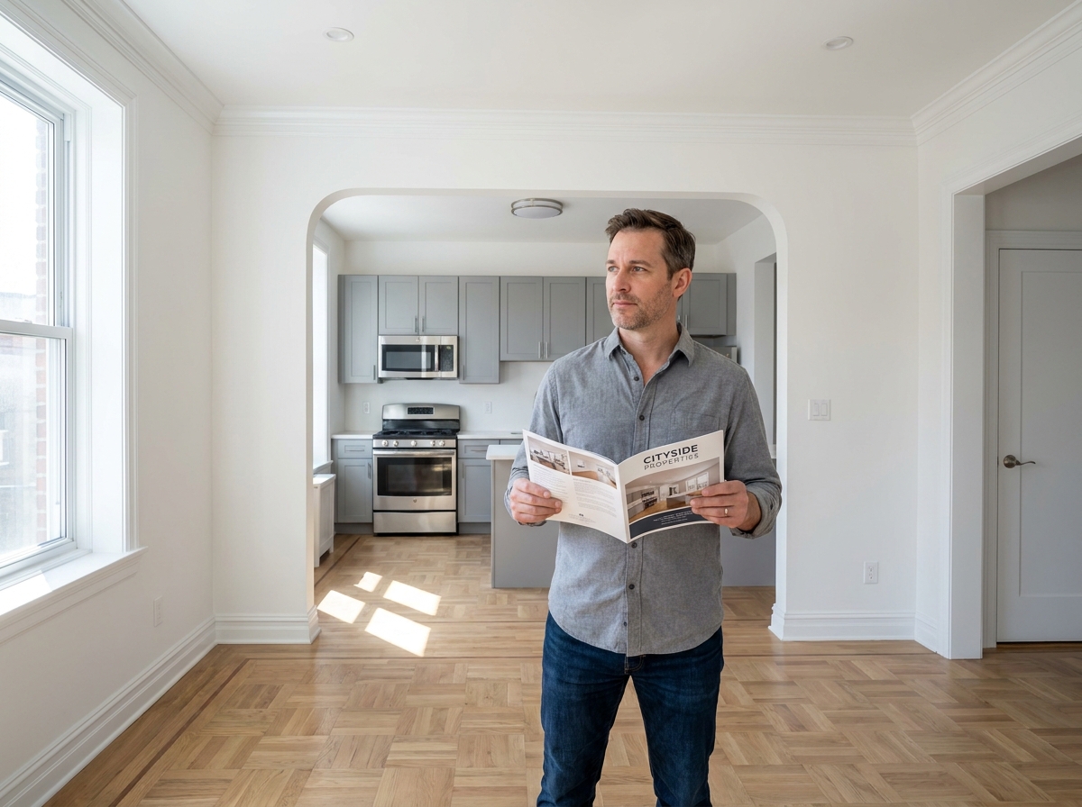 Investisseur immobilier visitant un appartement rénové clé en main prêt à la location en 2026