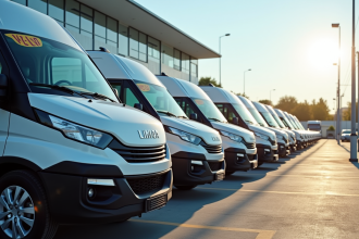 Ligne de minivans modernes avec prix affichés en vitrine