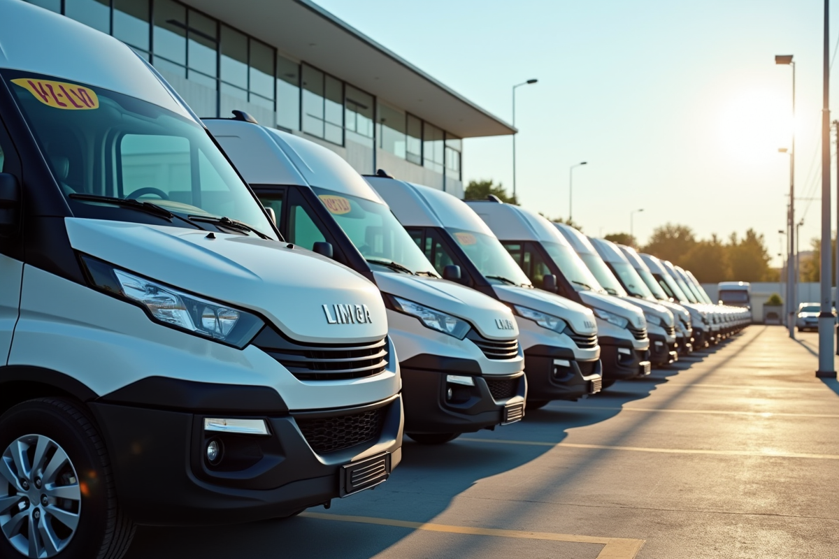 Ligne de minivans modernes avec prix affichés en vitrine