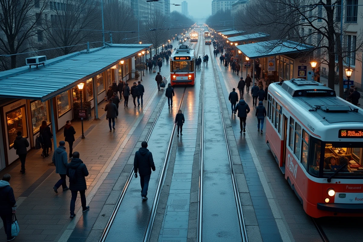 Vue aérienne d'un carrefour de tram animé à Grenoble au crépuscule avec des navetteurs sur le quai et des rails de tramway convergeant