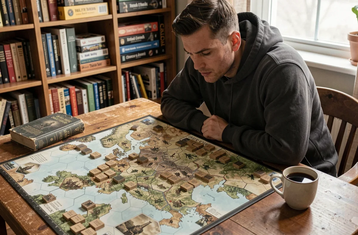 Joueur adulte concentré sur un wargame historique de plateau représentant la Seconde Guerre mondiale, avec carte hexagonale et pions tactiques