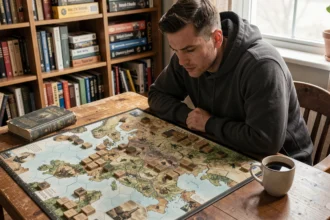 Joueur adulte concentré sur un wargame historique de plateau représentant la Seconde Guerre mondiale, avec carte hexagonale et pions tactiques
